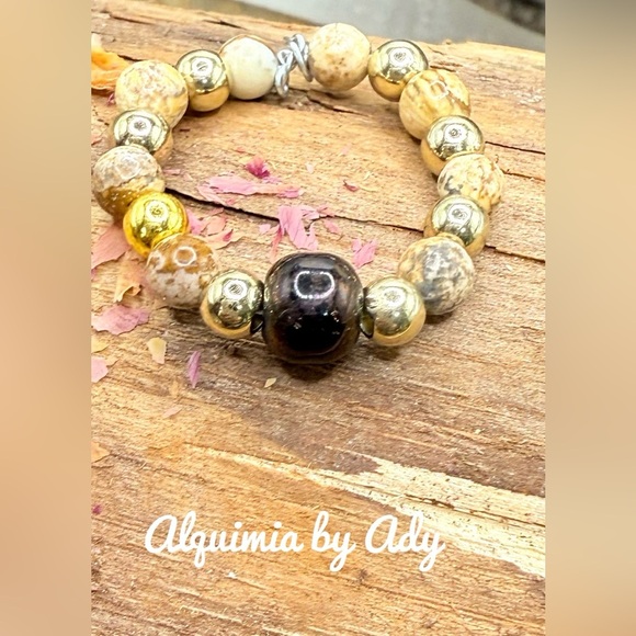 Picture jasper obsidian beaded ring - Picture 1 of 2